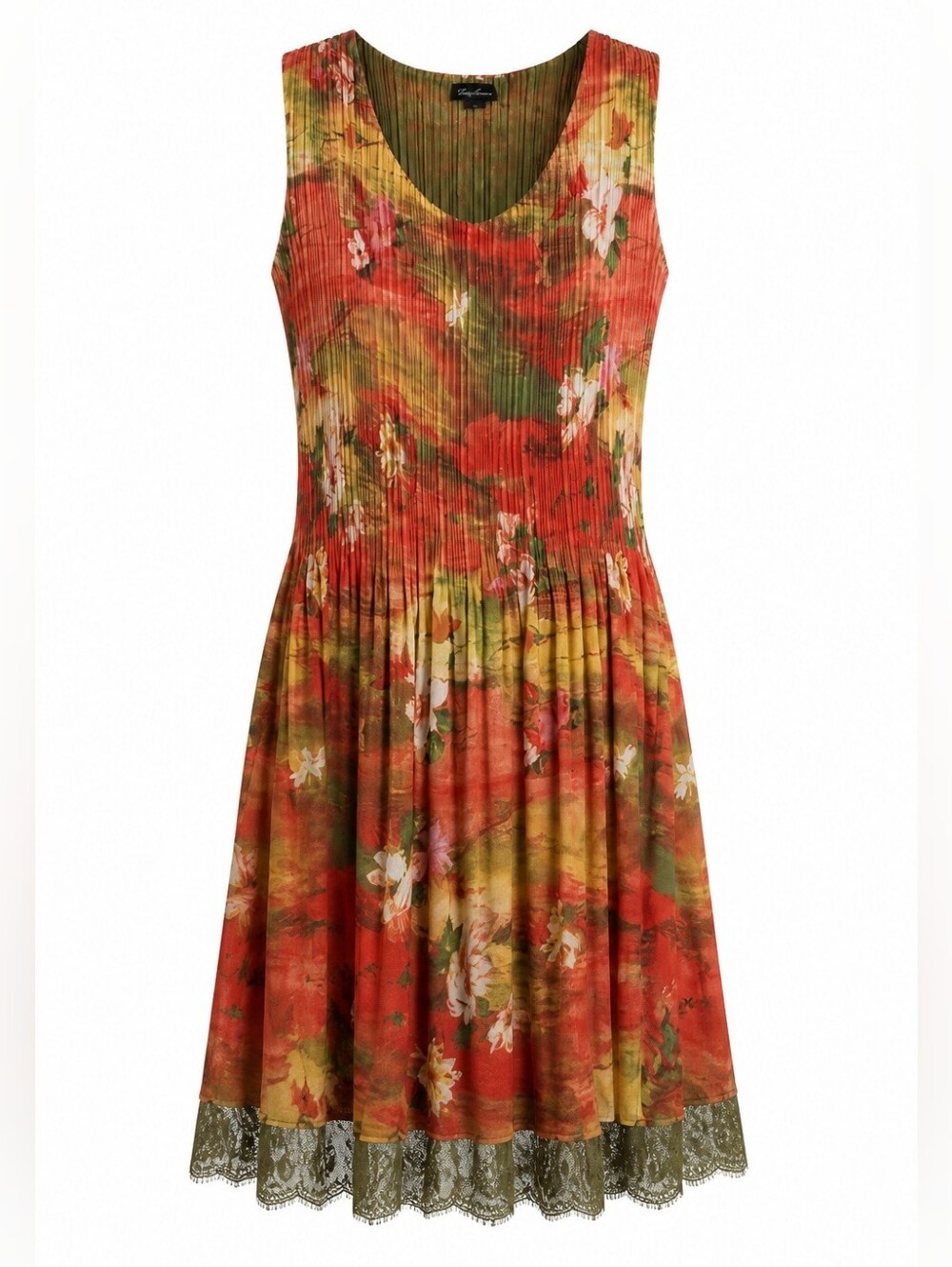 Caeliann Floral Pleated Dress Sleeveless Plisse Green Orange Sz Lg Forest Fairy